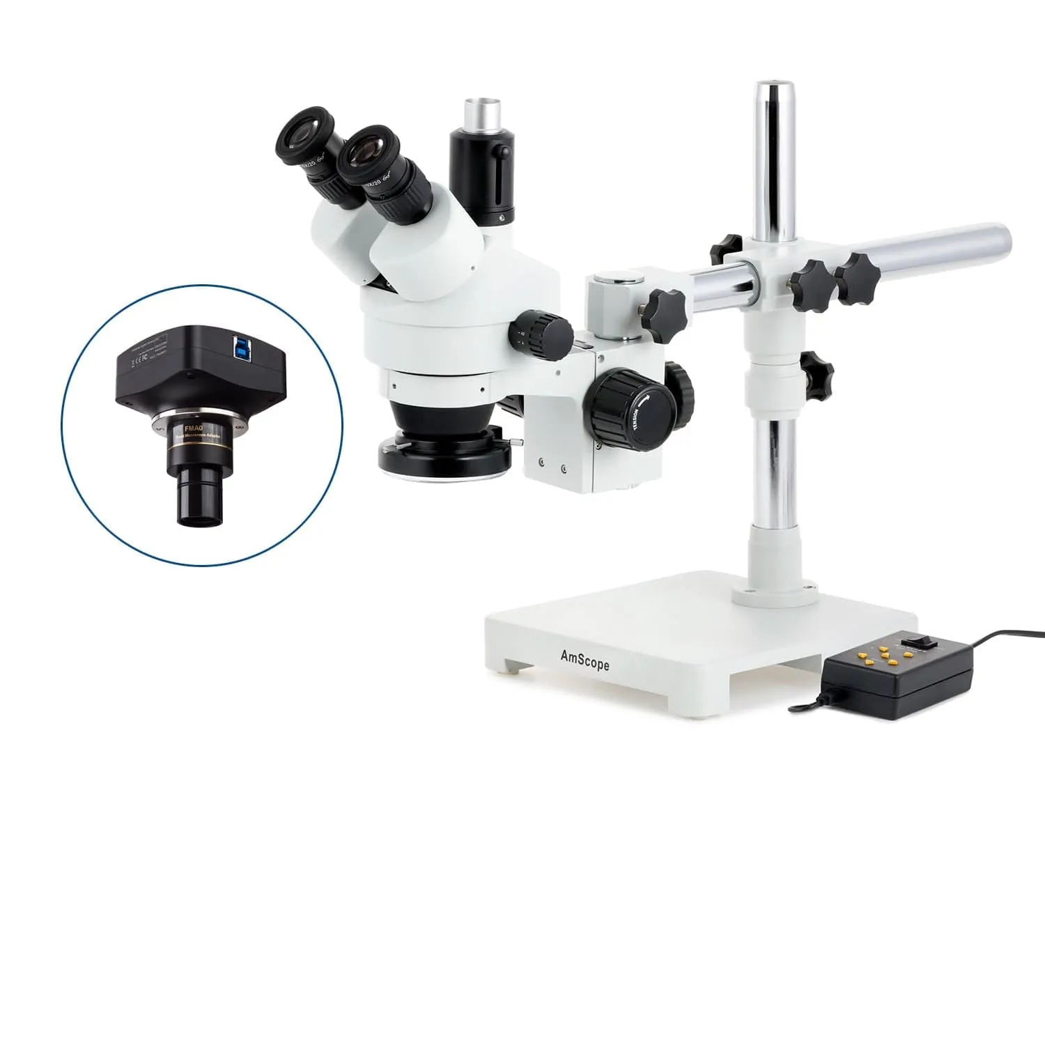 AmScope SM-3 Series Simul-Focal Zoom Trinocular Stereo Microscope with Multi-Zone 144 LED and Optional Digital Camera on Single Arm Boom Stand