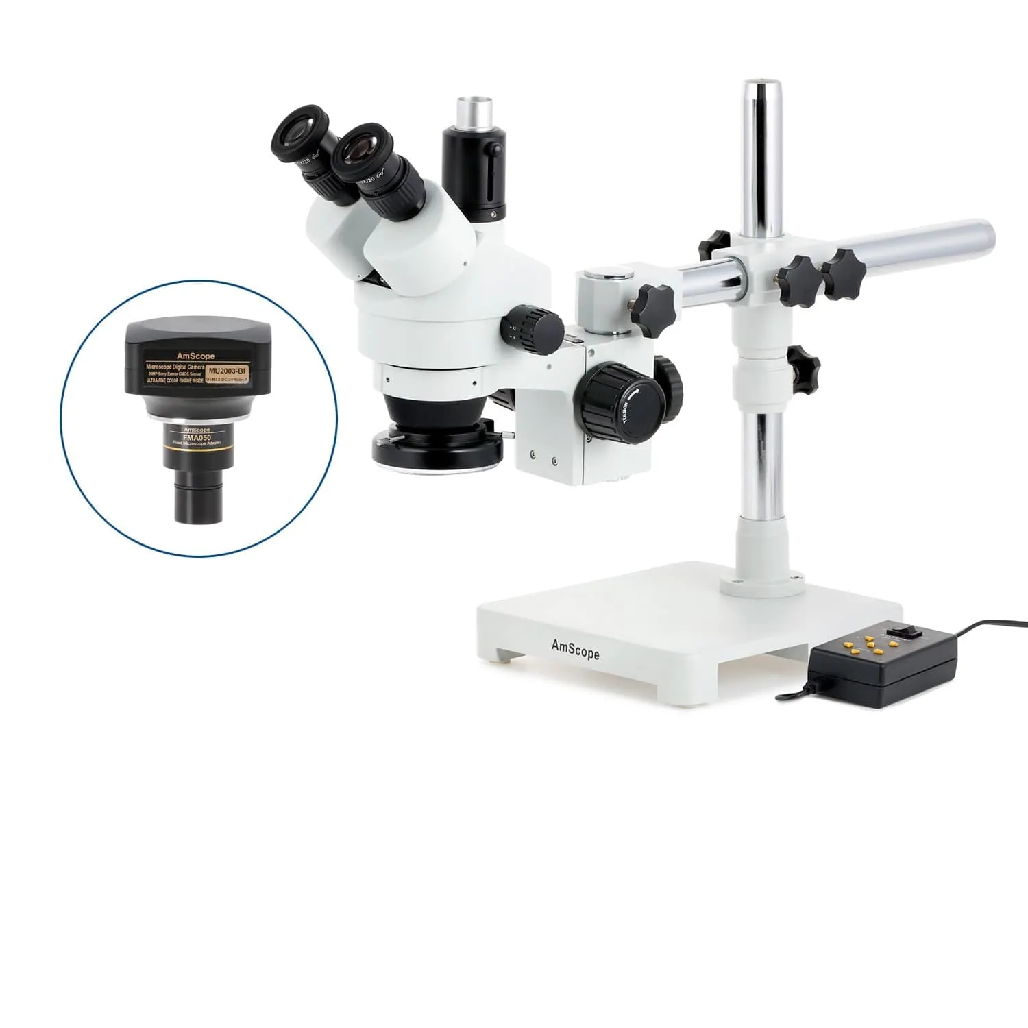 AmScope SM-3 Series Simul-Focal Zoom Trinocular Stereo Microscope with Multi-Zone 144 LED and Optional Digital Camera on Single Arm Boom Stand