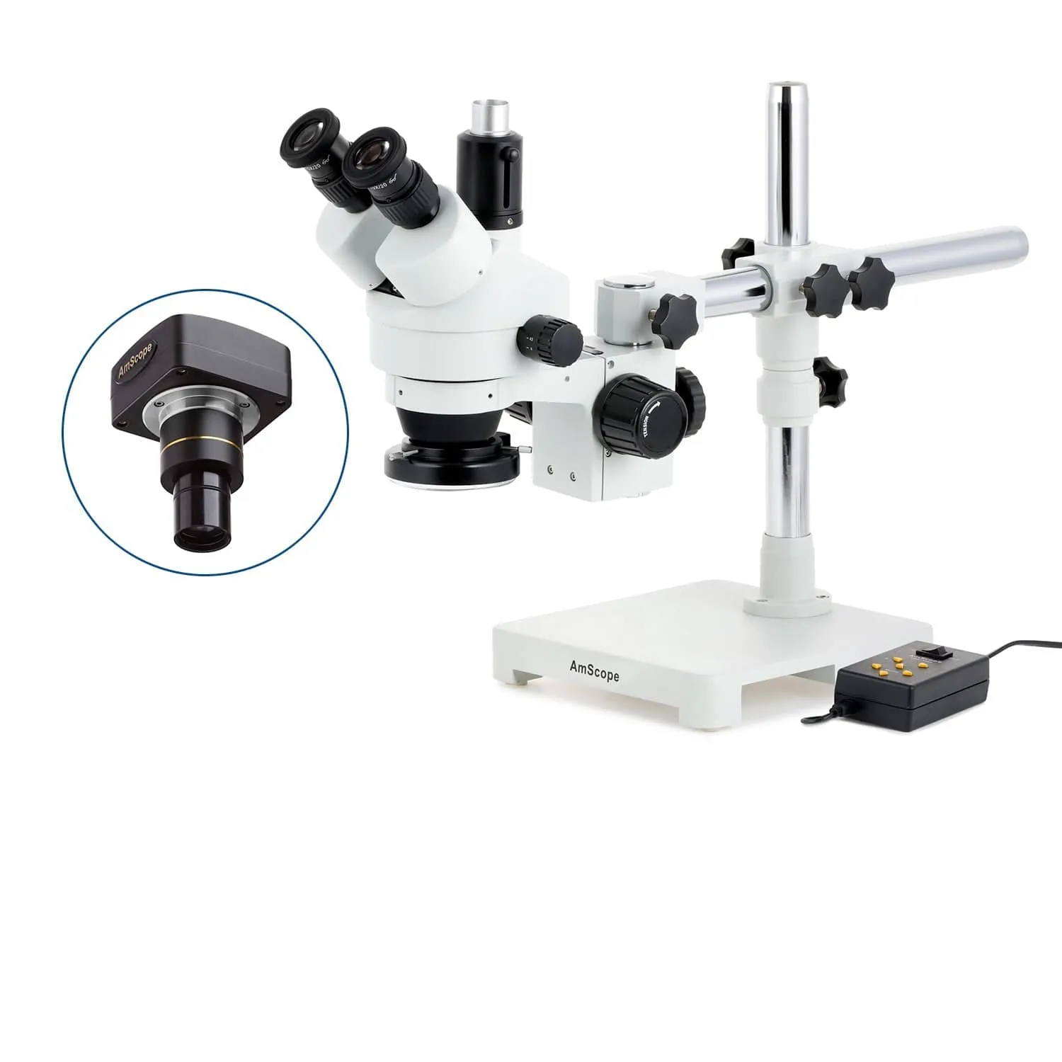 AmScope SM-3 Series Simul-Focal Zoom Trinocular Stereo Microscope with Multi-Zone 144 LED and Optional Digital Camera on Single Arm Boom Stand