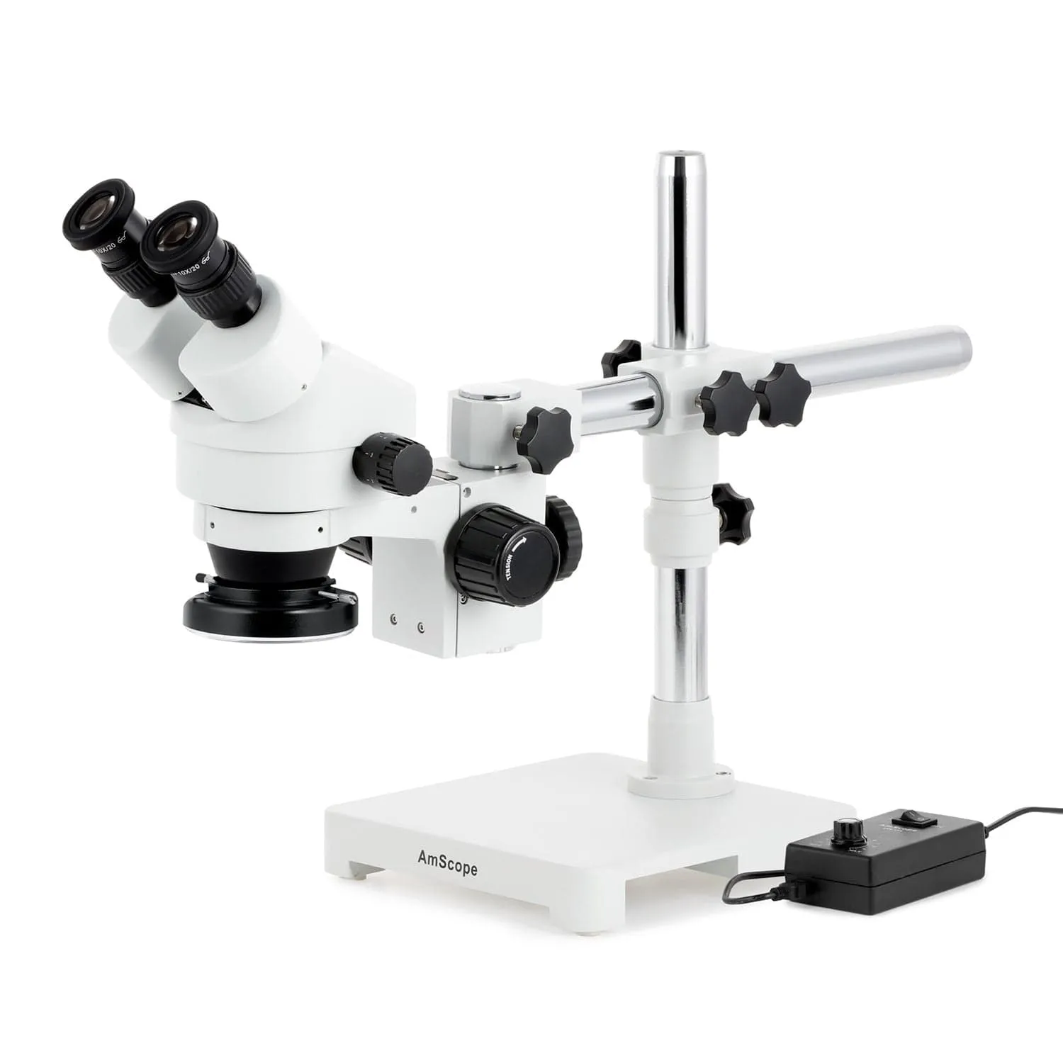 AmScope SM-3 Series Zoom Binocular Stereo Microscope with 144 LED Ring Light and Optional Digital Camera on Single Arm Boom Stand