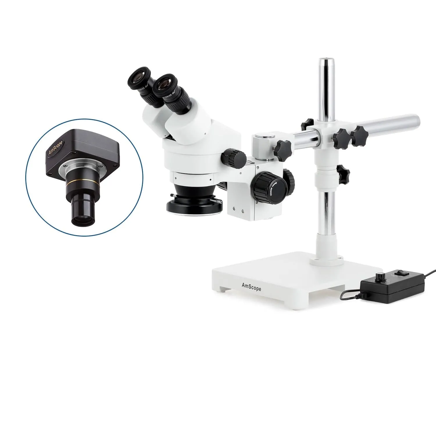 AmScope SM-3 Series Zoom Binocular Stereo Microscope with 144 LED Ring Light and Optional Digital Camera on Single Arm Boom Stand