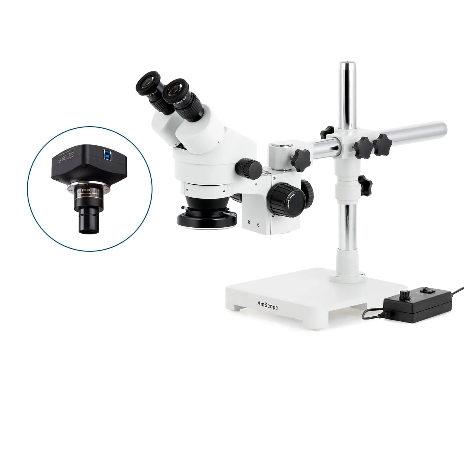 AmScope SM-3 Series Zoom Binocular Stereo Microscope with 144 LED Ring Light and Optional Digital Camera on Single Arm Boom Stand