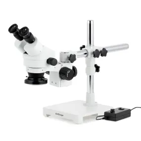 AmScope SM-3 Series Zoom Binocular Stereo Microscope with 144 LED Ring Light and Optional Digital Camera on Single Arm Boom Stand