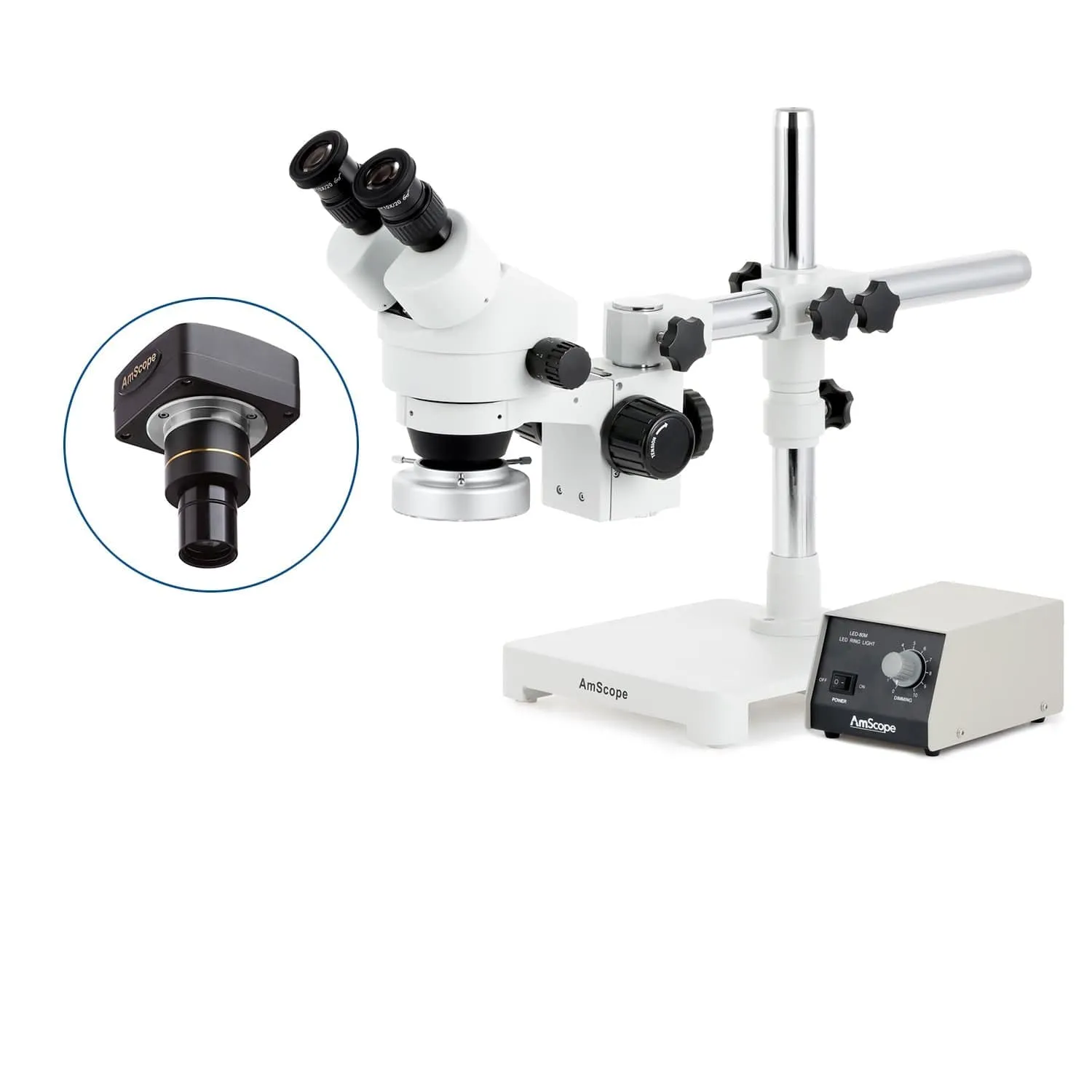 AmScope SM-3 Series Zoom Binocular Stereo Microscope with Heavy Duty 80 LED Ring Light and Optional Digital Camera on Single Arm Boom Stand