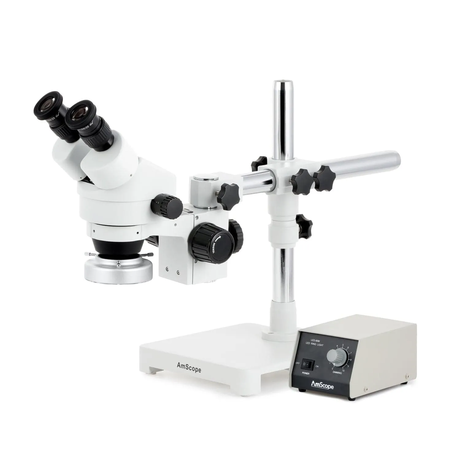 AmScope SM-3 Series Zoom Binocular Stereo Microscope with Heavy Duty 80 LED Ring Light and Optional Digital Camera on Single Arm Boom Stand