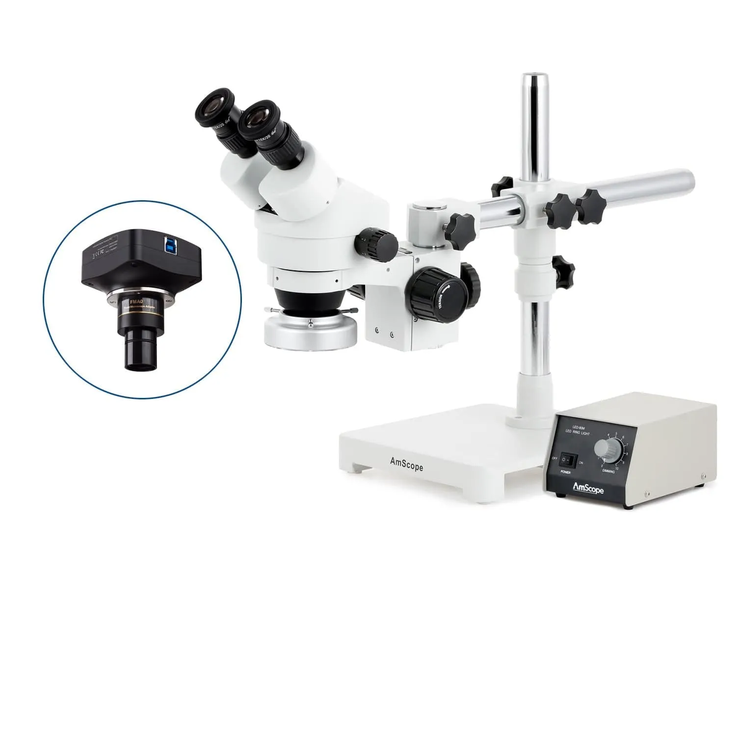 AmScope SM-3 Series Zoom Binocular Stereo Microscope with Heavy Duty 80 LED Ring Light and Optional Digital Camera on Single Arm Boom Stand