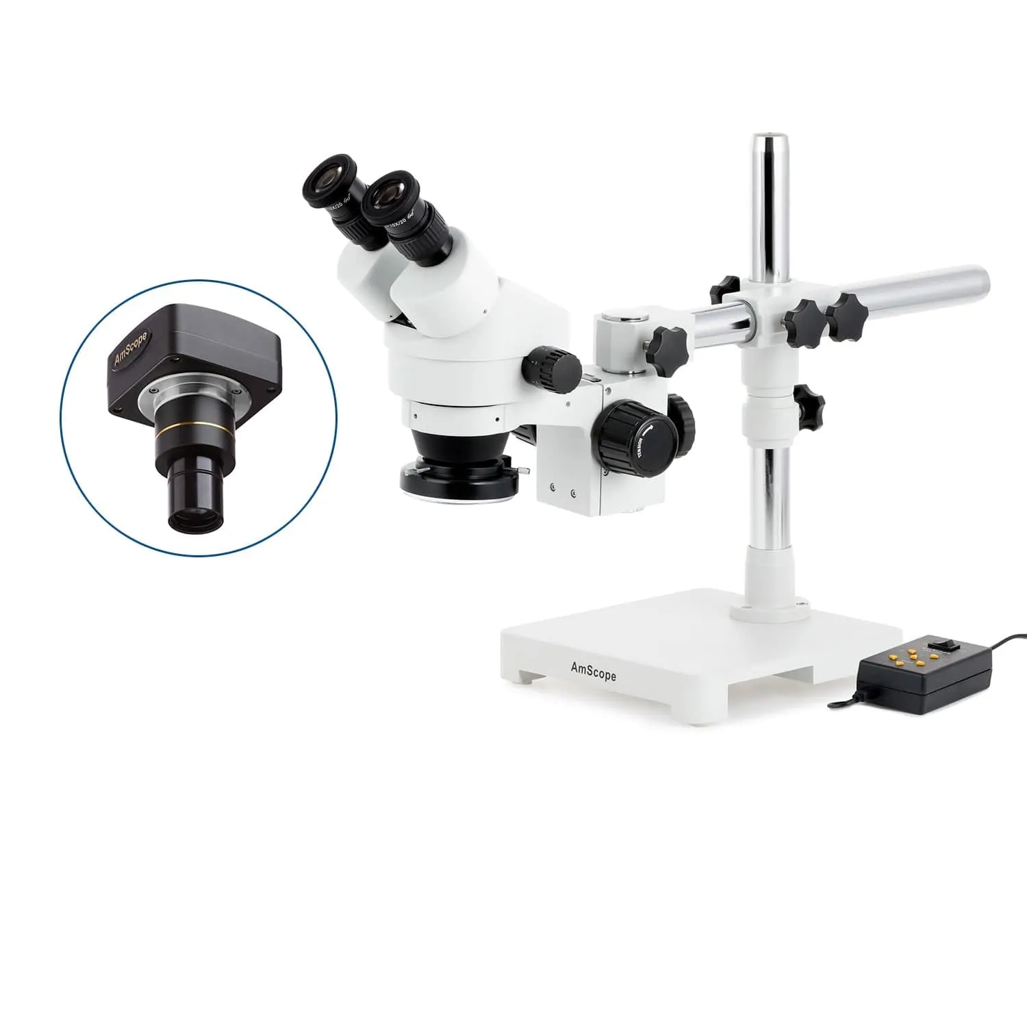 AmScope SM-3 Series Zoom Binocular Stereo Microscope with Multi-Zone 144 LED and Optional Digital Camera on Single Arm Boom Stand