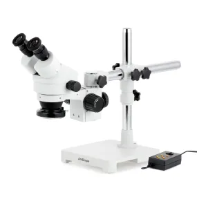 AmScope SM-3 Series Zoom Binocular Stereo Microscope with Multi-Zone 144 LED and Optional Digital Camera on Single Arm Boom Stand