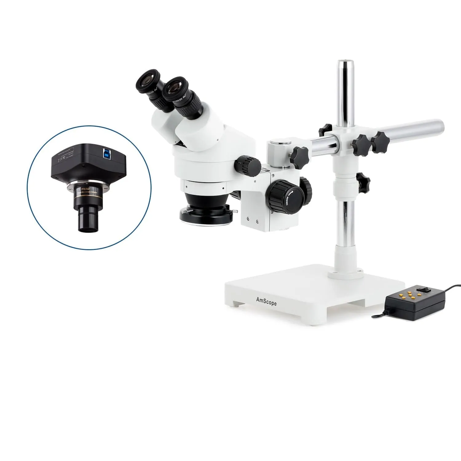 AmScope SM-3 Series Zoom Binocular Stereo Microscope with Multi-Zone 144 LED and Optional Digital Camera on Single Arm Boom Stand