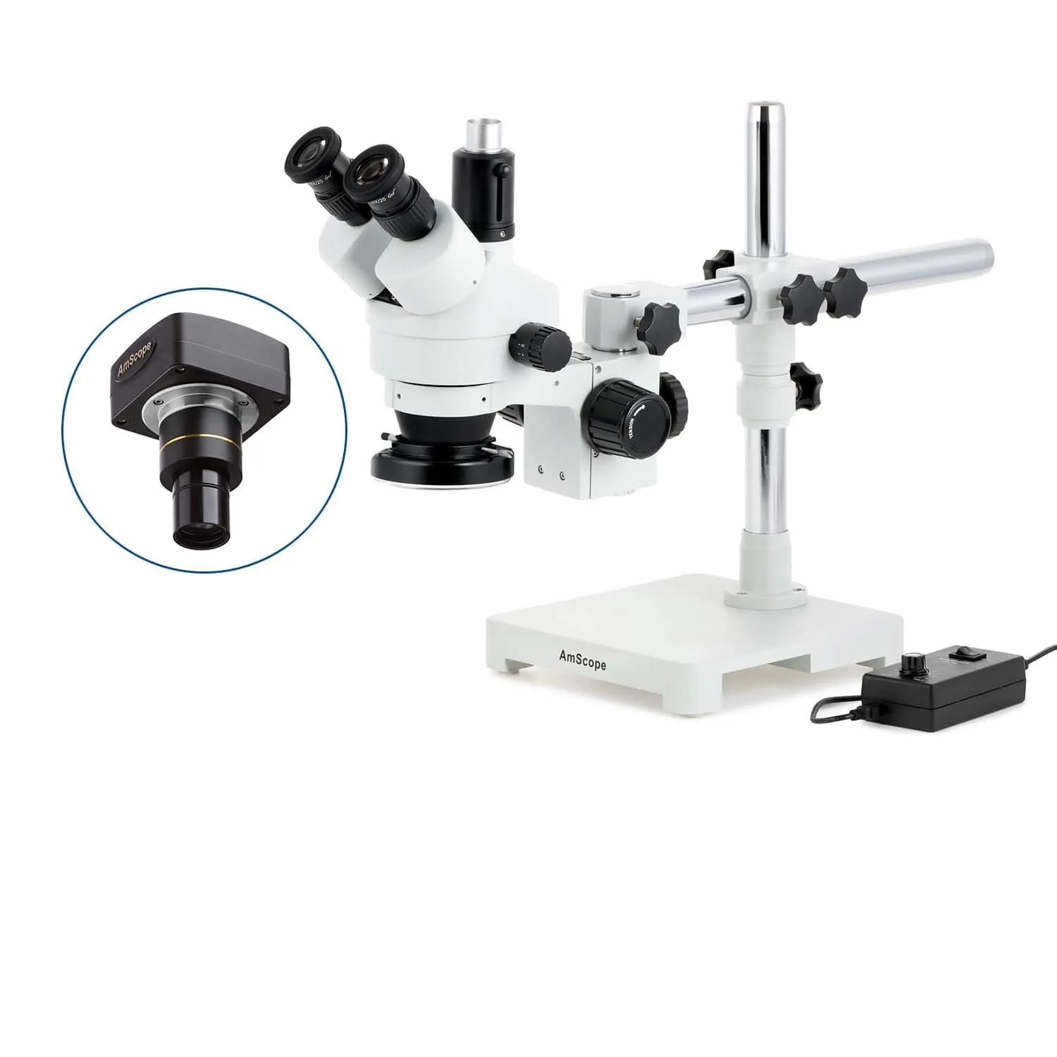 AmScope SM-3 Series Zoom Trinocular Stereo Microscope with 144 LED Ring Light and Optional Digital Camera on Single Arm Boom Stand