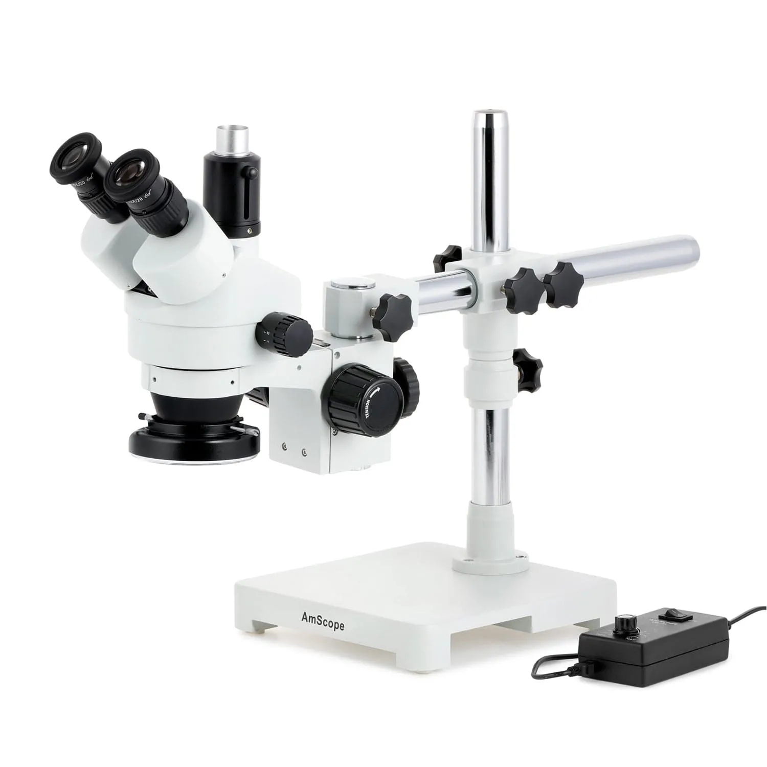 AmScope SM-3 Series Zoom Trinocular Stereo Microscope with 144 LED Ring Light and Optional Digital Camera on Single Arm Boom Stand