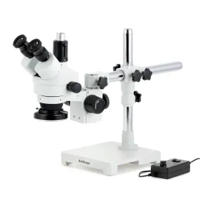 AmScope SM-3 Series Zoom Trinocular Stereo Microscope with 144 LED Ring Light and Optional Digital Camera on Single Arm Boom Stand