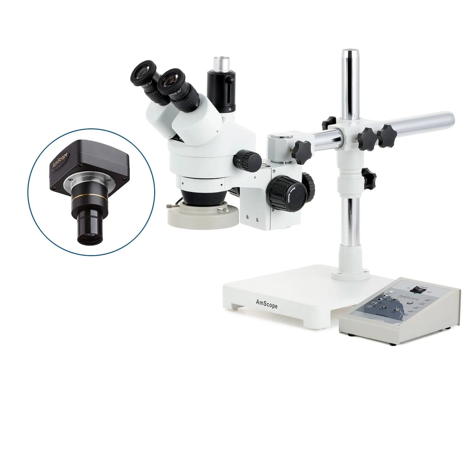 AmScope SM-3 Series Zoom Trinocular Stereo Microscope with 80 LED Direction Variable Ring Light and Optional Digital Camera on Single Arm Boom Stand
