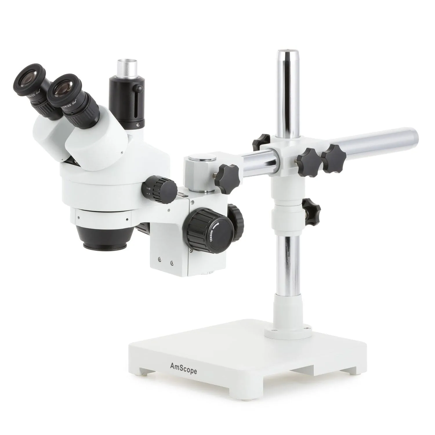 AmScope SM-3 Series Zoom Trinocular Stereo Microscope with 80 LED Direction Variable Ring Light and Optional Digital Camera on Single Arm Boom Stand
