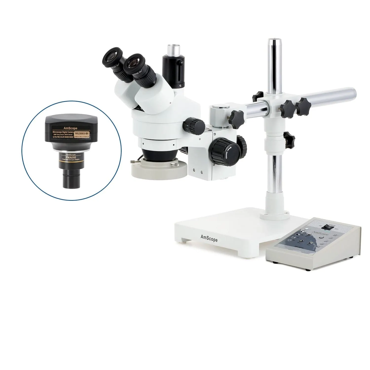 AmScope SM-3 Series Zoom Trinocular Stereo Microscope with 80 LED Direction Variable Ring Light and Optional Digital Camera on Single Arm Boom Stand