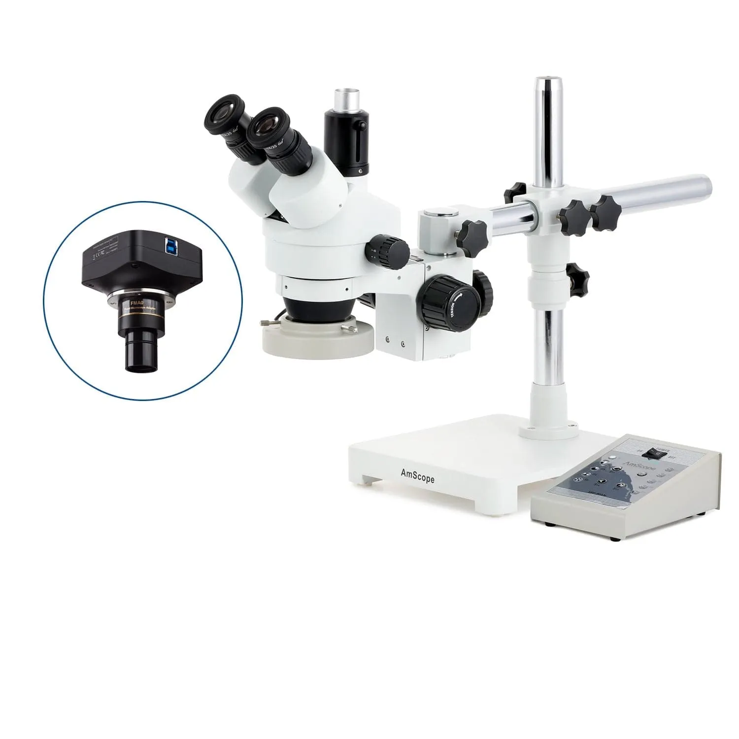AmScope SM-3 Series Zoom Trinocular Stereo Microscope with 80 LED Direction Variable Ring Light and Optional Digital Camera on Single Arm Boom Stand