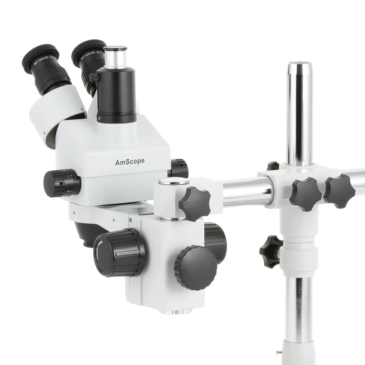 AmScope SM-3 Series Zoom Trinocular Stereo Microscope with 80 LED Direction Variable Ring Light and Optional Digital Camera on Single Arm Boom Stand