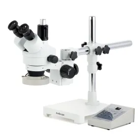 AmScope SM-3 Series Zoom Trinocular Stereo Microscope with 80 LED Direction Variable Ring Light and Optional Digital Camera on Single Arm Boom Stand
