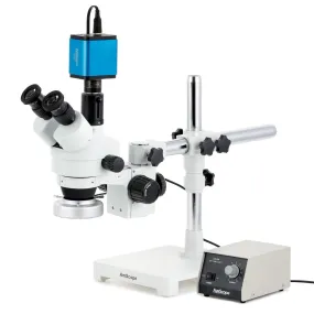 AmScope SM-3 Series Zoom Trinocular Stereo Microscope with Heavy Duty 80 LED Ring Light and Auto Focus Camera on Single Arm Boom Stand