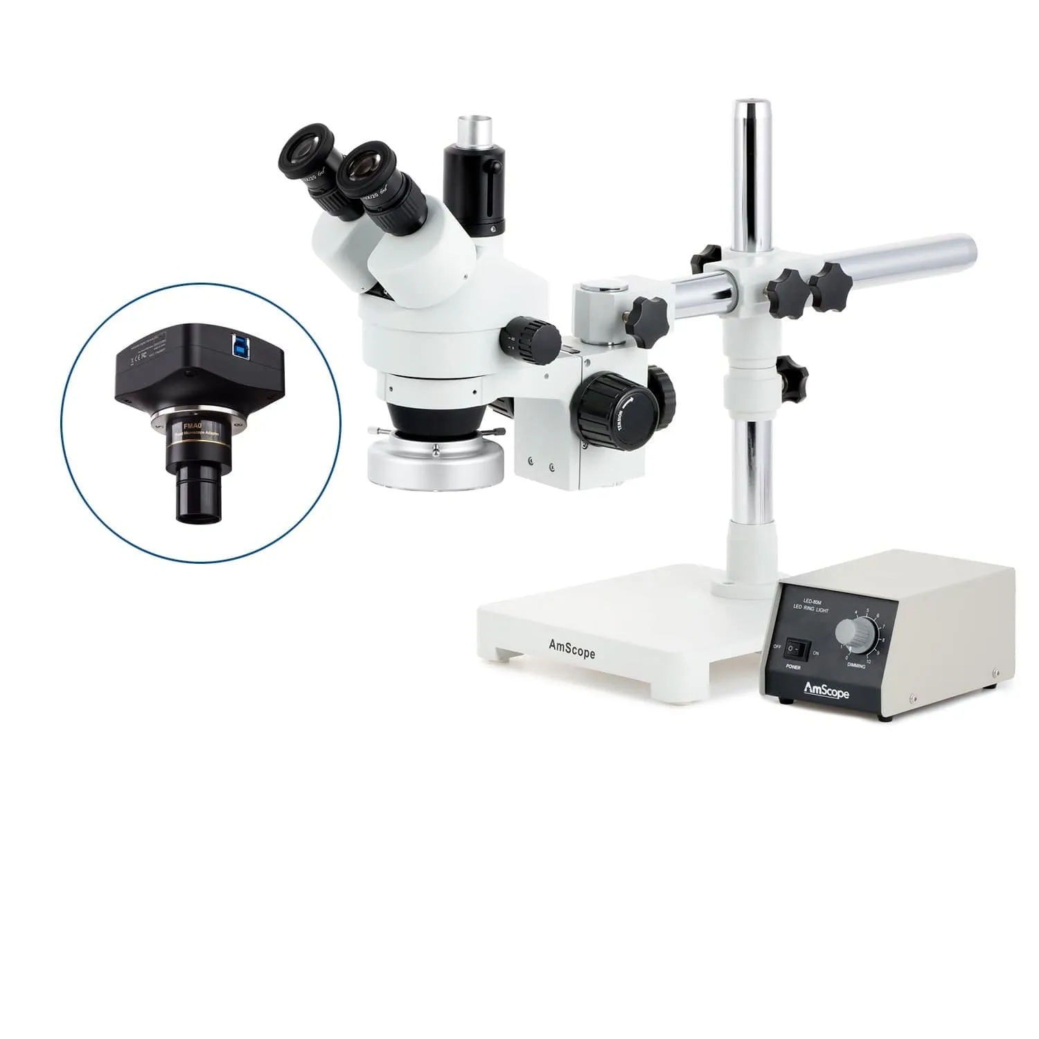 AmScope SM-3 Series Zoom Trinocular Stereo Microscope with Heavy Duty 80 LED Ring Light and Optional Digital Camera on Single Arm Boom Stand