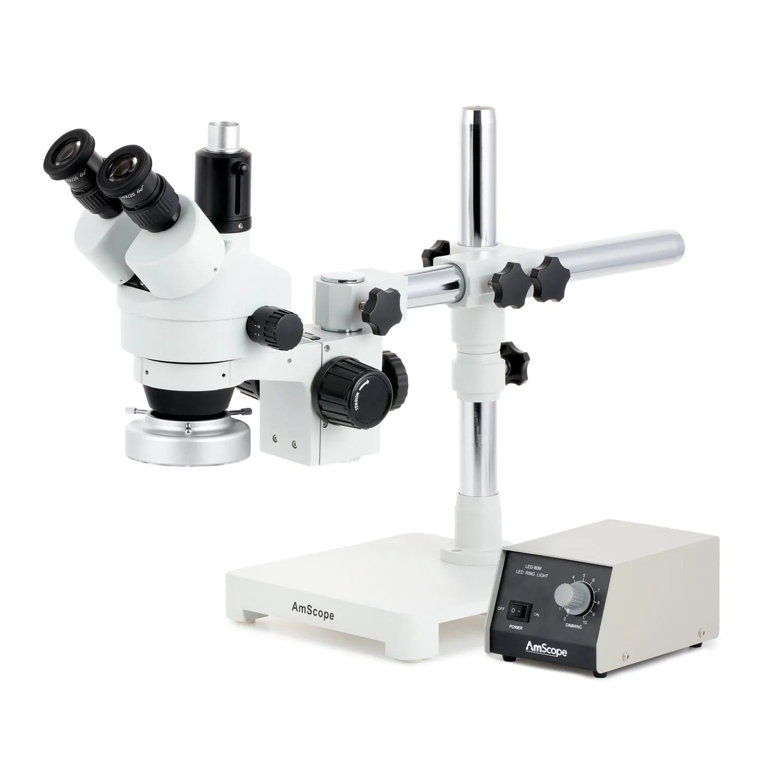 AmScope SM-3 Series Zoom Trinocular Stereo Microscope with Heavy Duty 80 LED Ring Light and Optional Digital Camera on Single Arm Boom Stand