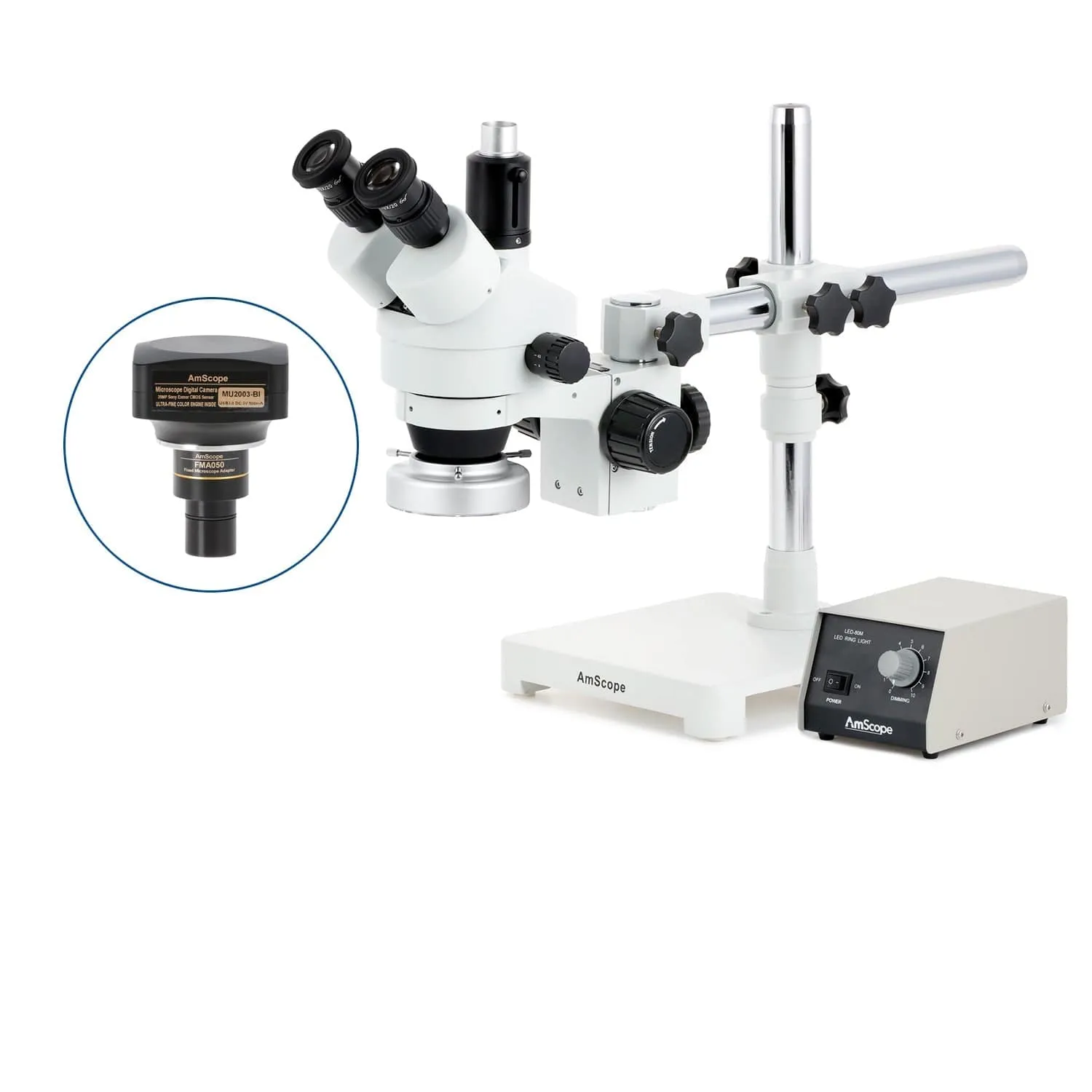 AmScope SM-3 Series Zoom Trinocular Stereo Microscope with Heavy Duty 80 LED Ring Light and Optional Digital Camera on Single Arm Boom Stand