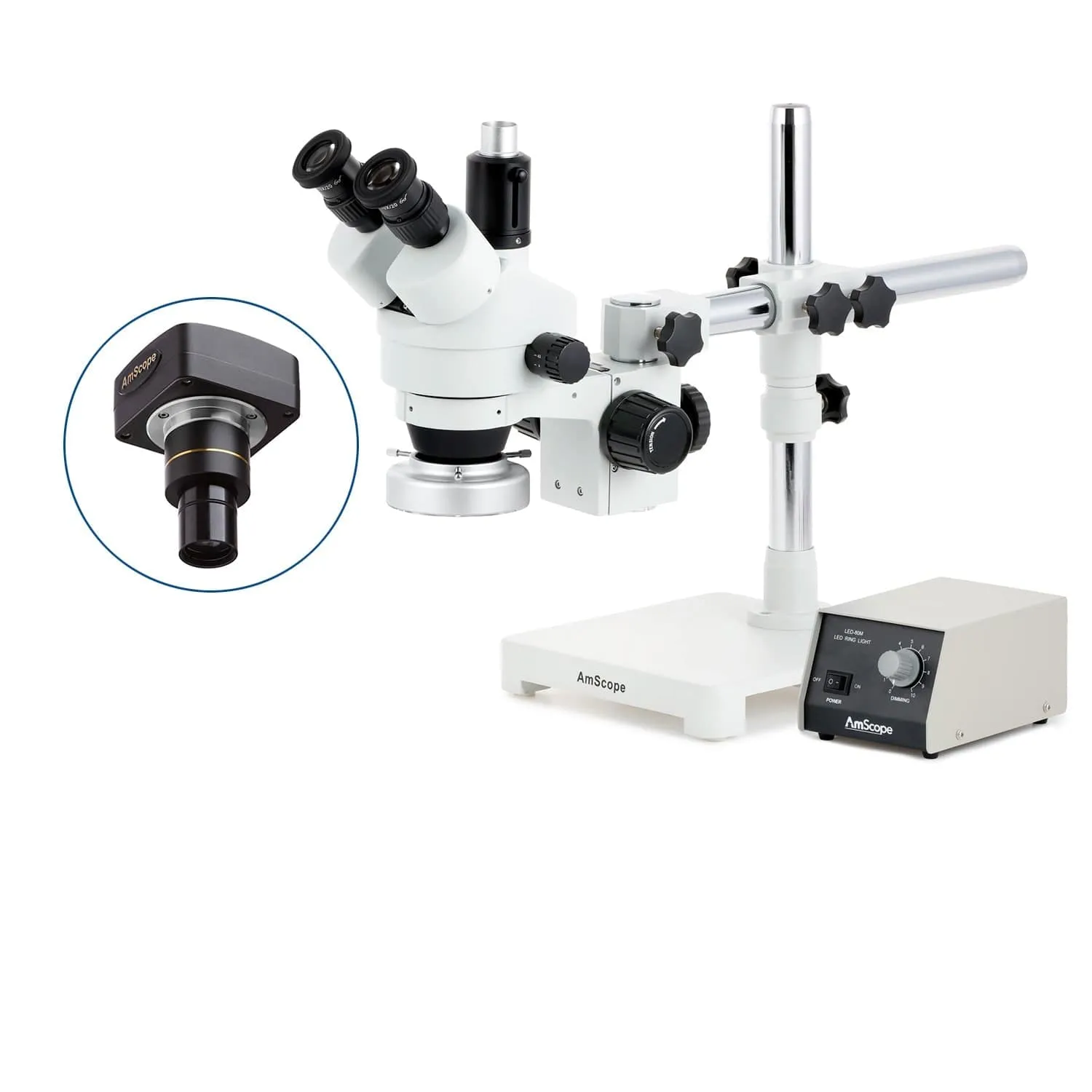AmScope SM-3 Series Zoom Trinocular Stereo Microscope with Heavy Duty 80 LED Ring Light and Optional Digital Camera on Single Arm Boom Stand