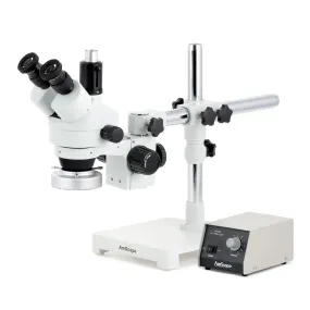 AmScope SM-3 Series Zoom Trinocular Stereo Microscope with Heavy Duty 80 LED Ring Light and Optional Digital Camera on Single Arm Boom Stand