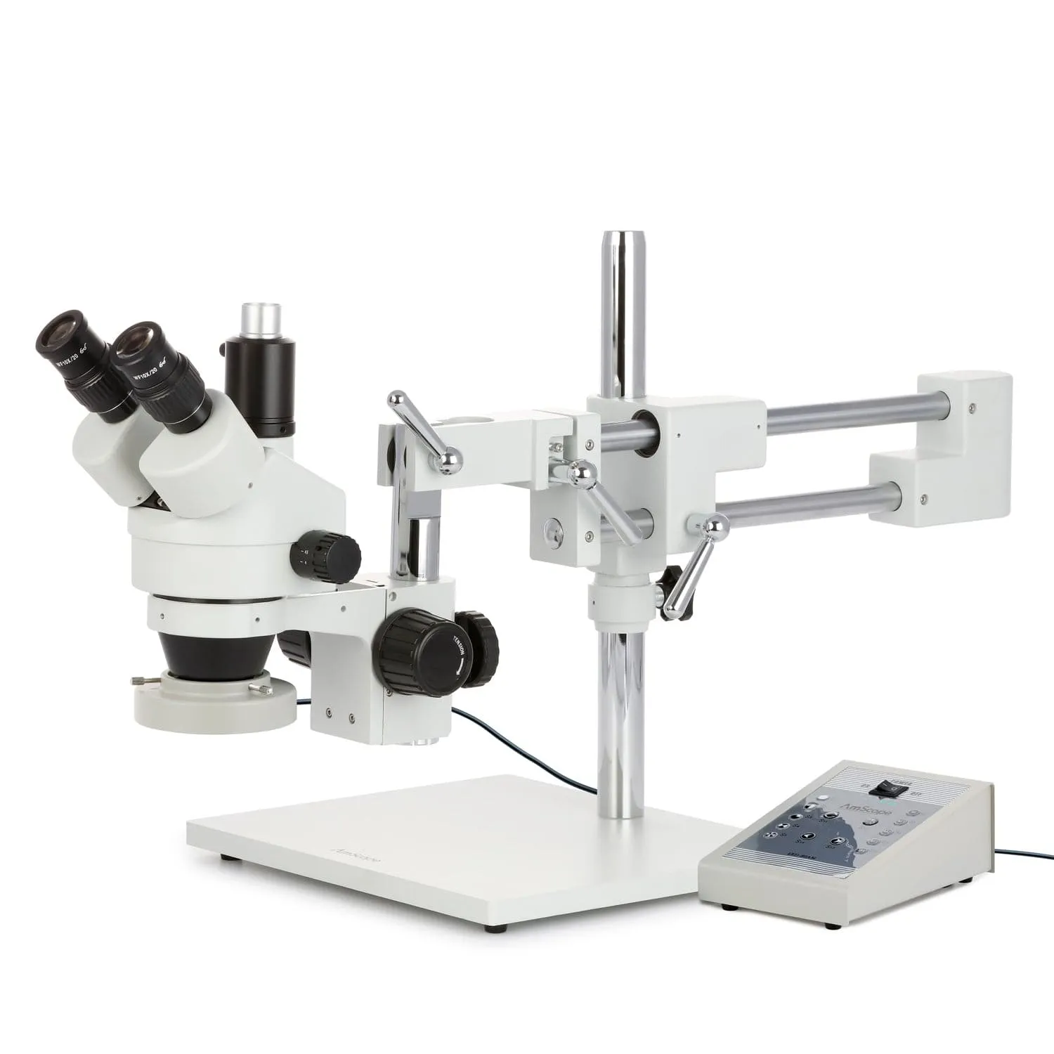 AmScope SM-4 Series Zoom Trinocular Stereo Microscope with 80 LED Direction Variable Ring Light and Auto Focus Camera on Double Arm Boom Stand