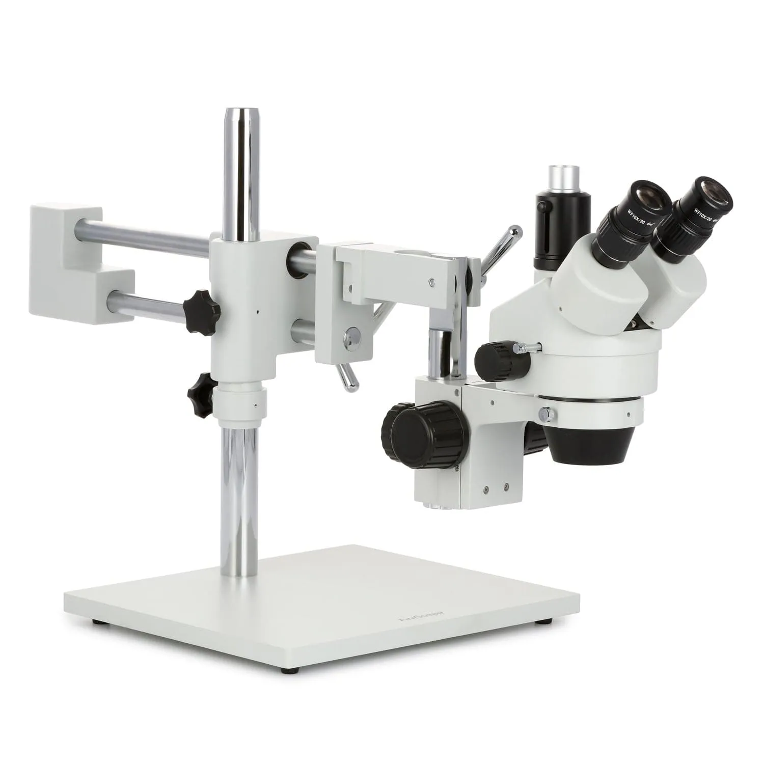 AmScope SM-4 Series Zoom Trinocular Stereo Microscope with 80 LED Direction Variable Ring Light and Auto Focus Camera on Double Arm Boom Stand
