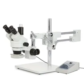 AmScope SM-4 Series Zoom Trinocular Stereo Microscope with 80 LED Direction Variable Ring Light and Auto Focus Camera on Double Arm Boom Stand