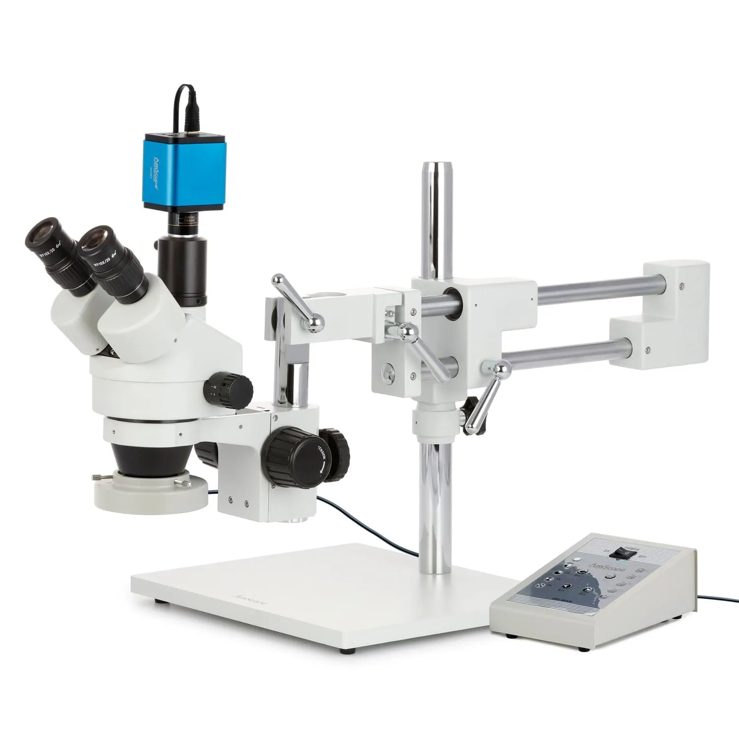 AmScope SM-4 Series Zoom Trinocular Stereo Microscope with 80 LED Direction Variable Ring Light and Auto Focus Camera on Double Arm Boom Stand