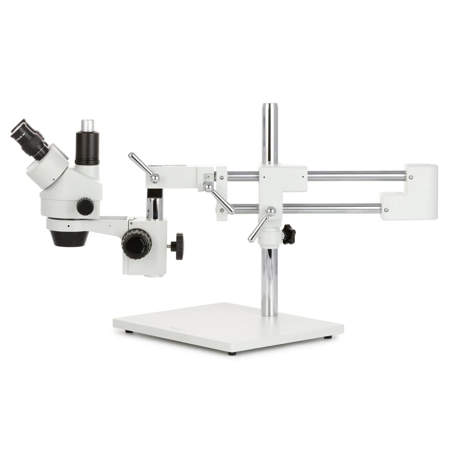 AmScope SM-4 Series Zoom Trinocular Stereo Microscope with 80 LED Direction Variable Ring Light and Auto Focus Camera on Double Arm Boom Stand