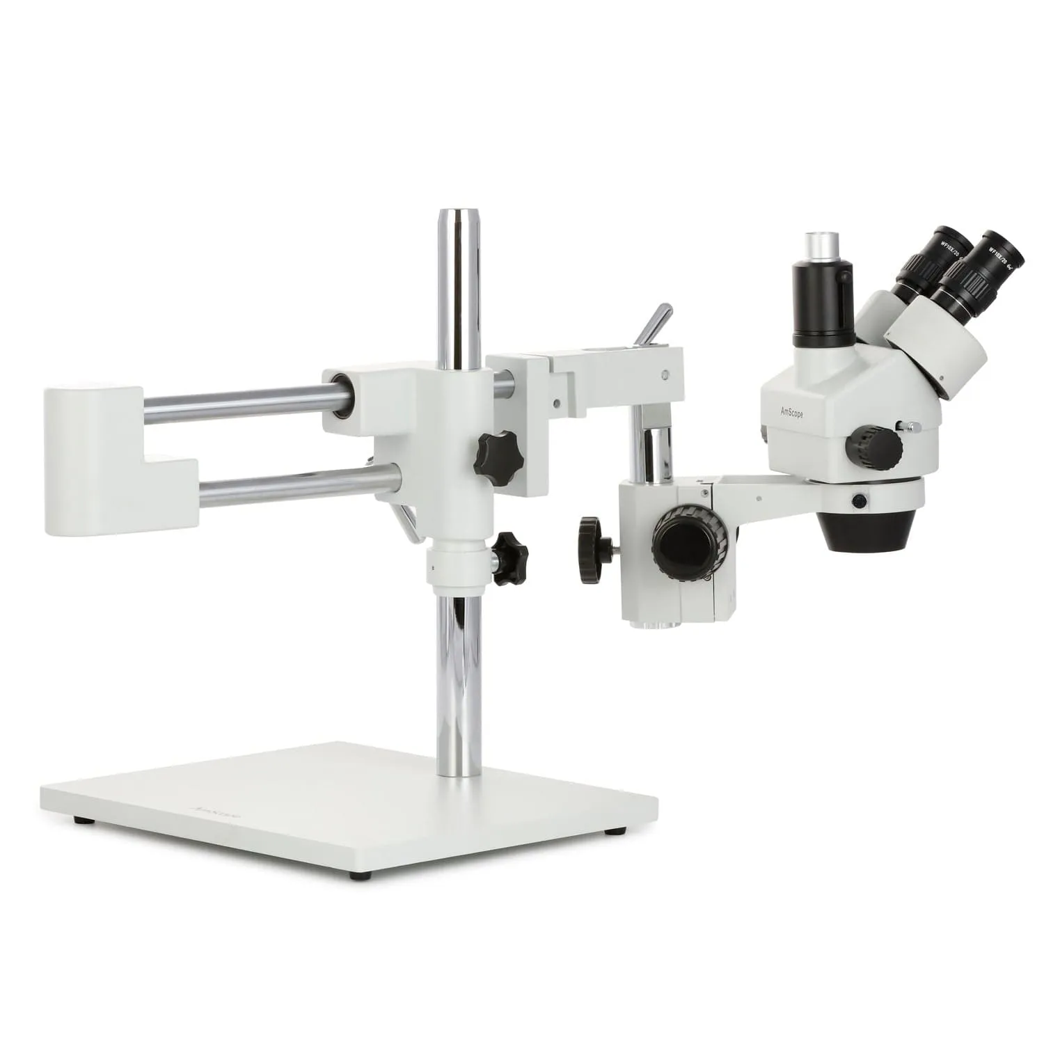 AmScope SM-4 Series Zoom Trinocular Stereo Microscope with 80 LED Direction Variable Ring Light and Auto Focus Camera on Double Arm Boom Stand