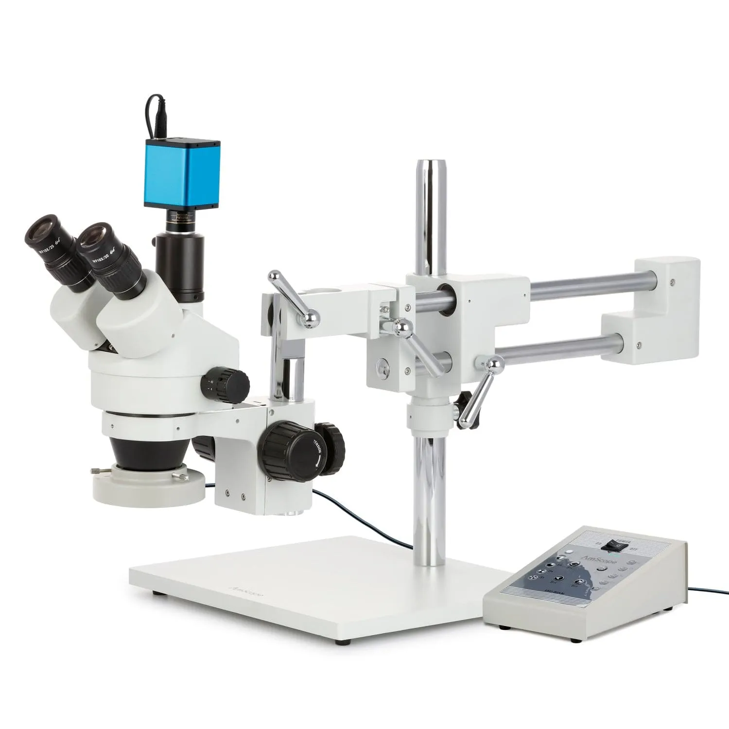 AmScope SM-4 Series Zoom Trinocular Stereo Microscope with 80 LED Direction Variable Ring Light and Auto Focus Camera on Double Arm Boom Stand