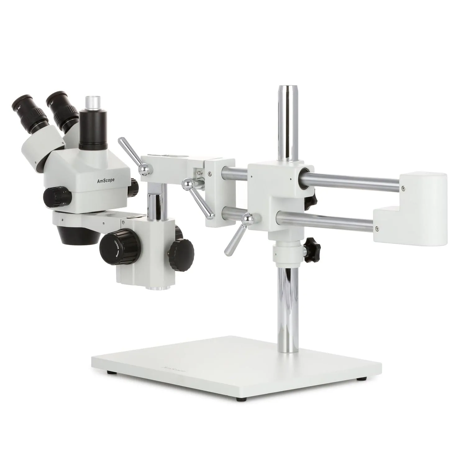 AmScope SM-4 Series Zoom Trinocular Stereo Microscope with 80 LED Direction Variable Ring Light and Auto Focus Camera on Double Arm Boom Stand
