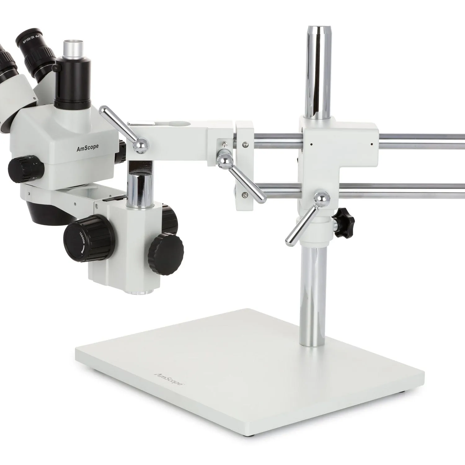 AmScope SM-4 Series Zoom Trinocular Stereo Microscope with 80 LED Direction Variable Ring Light and Auto Focus Camera on Double Arm Boom Stand