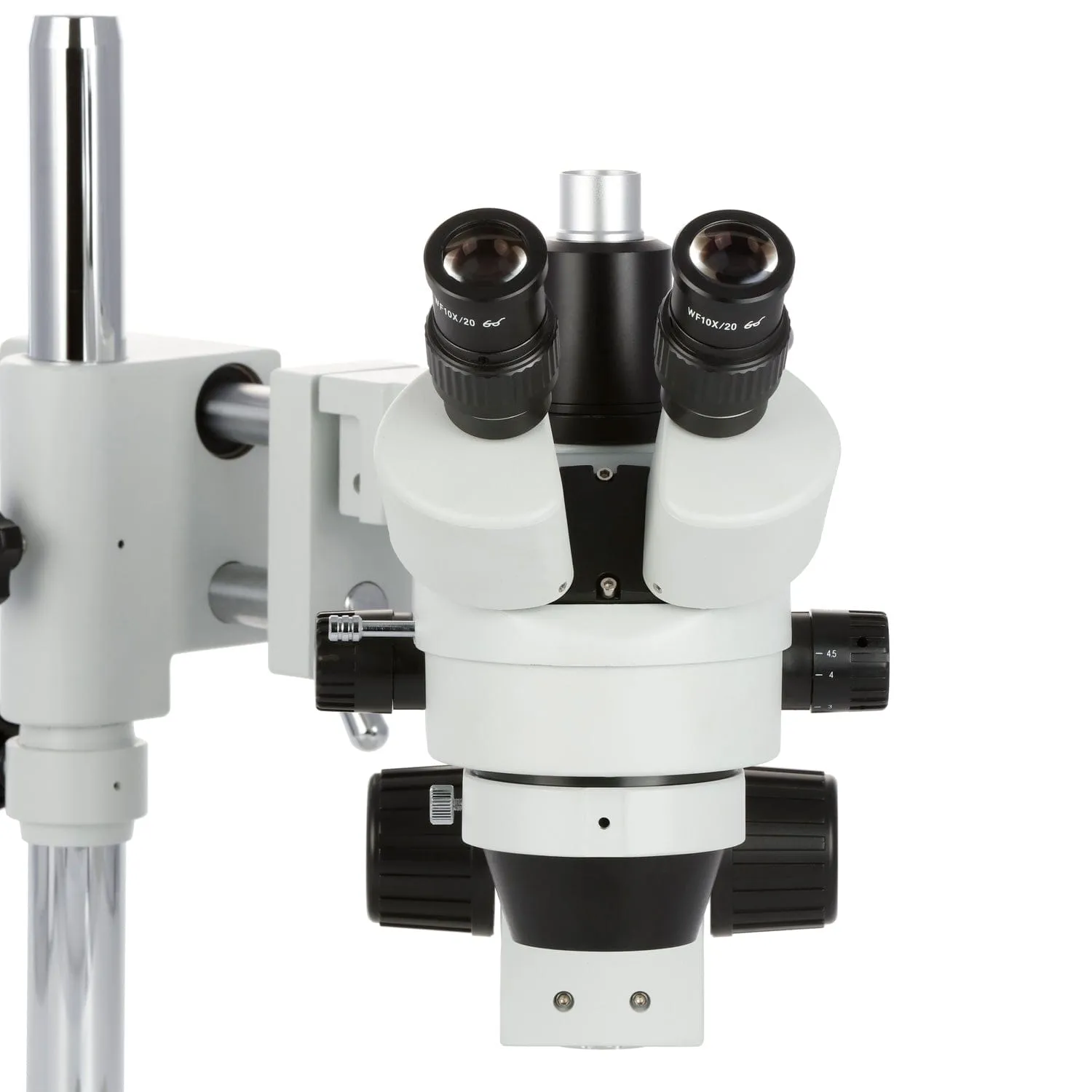 AmScope SM-4 Series Zoom Trinocular Stereo Microscope with 80 LED Direction Variable Ring Light and Auto Focus Camera on Double Arm Boom Stand