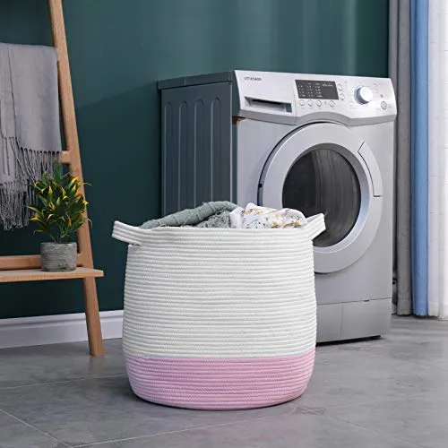 childishness ndup Large Woven Storage Basket,17.7"x16.9" Cotton Rope Basket, Laundry and Blanket Organizer Basket, Basket for Toy, Nursery Containers Basket with Handle (Pink)