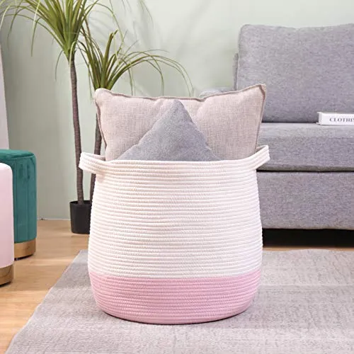childishness ndup Large Woven Storage Basket,17.7"x16.9" Cotton Rope Basket, Laundry and Blanket Organizer Basket, Basket for Toy, Nursery Containers Basket with Handle (Pink)