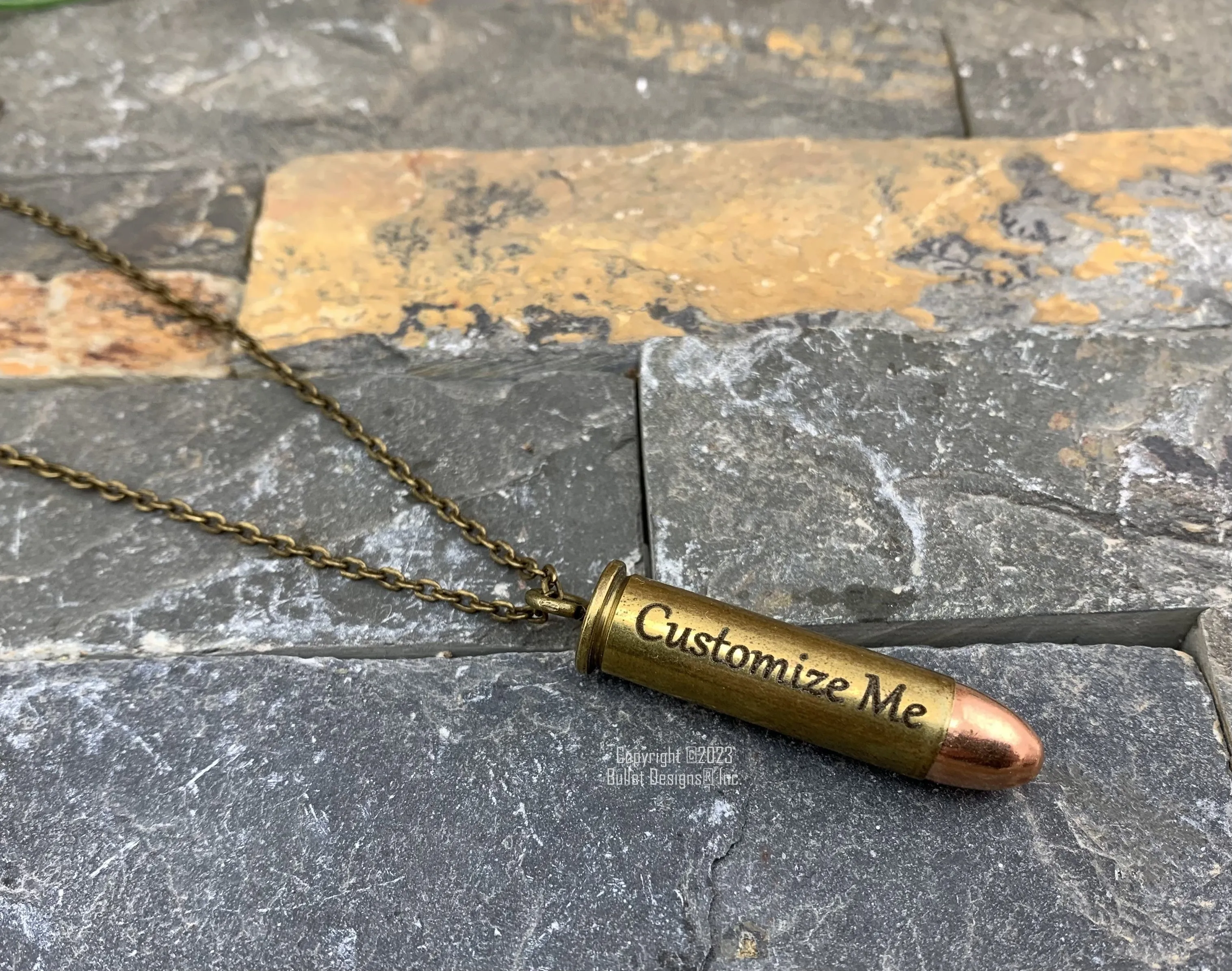 Custom Engraved Antique Brass Bullet Necklace, Dark Engraving, Bronze, 357 Mag or 38 Special