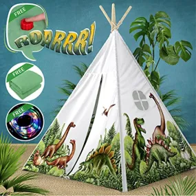 Dinosaur Kids Teepee Tent with Roar Button, LED Lights & Plush Mat - The Most Stable Teepee Tent for Kids - Dinosaur Tent - Dinosaur Toys for Kids Play Tent - Kids Tent Indoor - Toddler Tent