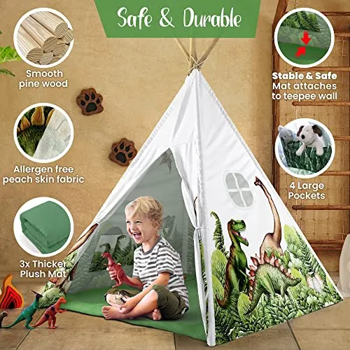 Dinosaur Kids Teepee Tent with Roar Button, LED Lights & Plush Mat - The Most Stable Teepee Tent for Kids - Dinosaur Tent - Dinosaur Toys for Kids Play Tent - Kids Tent Indoor - Toddler Tent