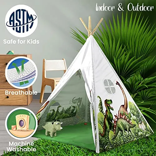 Dinosaur Kids Teepee Tent with Roar Button, LED Lights & Plush Mat - The Most Stable Teepee Tent for Kids - Dinosaur Tent - Dinosaur Toys for Kids Play Tent - Kids Tent Indoor - Toddler Tent