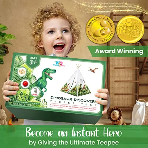 Dinosaur Kids Teepee Tent with Roar Button, LED Lights & Plush Mat - The Most Stable Teepee Tent for Kids - Dinosaur Tent - Dinosaur Toys for Kids Play Tent - Kids Tent Indoor - Toddler Tent