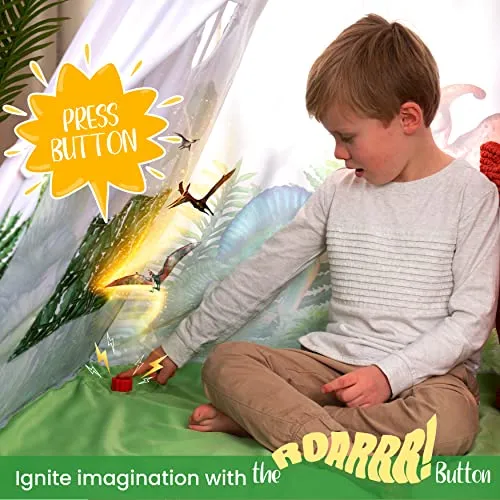 Dinosaur Kids Teepee Tent with Roar Button, LED Lights & Plush Mat - The Most Stable Teepee Tent for Kids - Dinosaur Tent - Dinosaur Toys for Kids Play Tent - Kids Tent Indoor - Toddler Tent