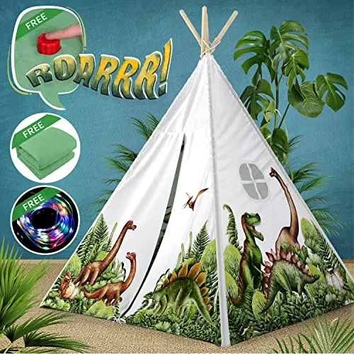 Dinosaur Kids Teepee Tent with Roar Button, LED Lights & Plush Mat - The Most Stable Teepee Tent for Kids - Dinosaur Tent - Dinosaur Toys for Kids Play Tent - Kids Tent Indoor - Toddler Tent