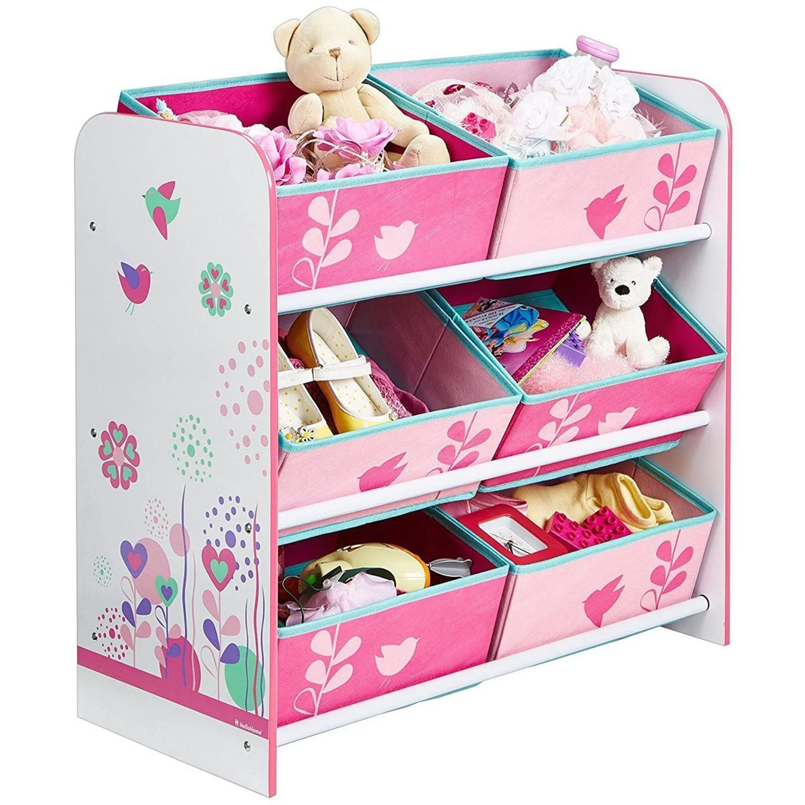 Hello Home Kids Bedroom Toy Storage Unit with 6 Fabric Storage Boxes - Flowers and Birds