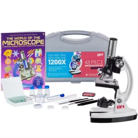 IQCrew By AmScope 1200X Magnification 48-pcs Kids Student Beginner Compound Microscope Kit with Slides, LED Light, Carrying Box and Book "The World of the Microscope"