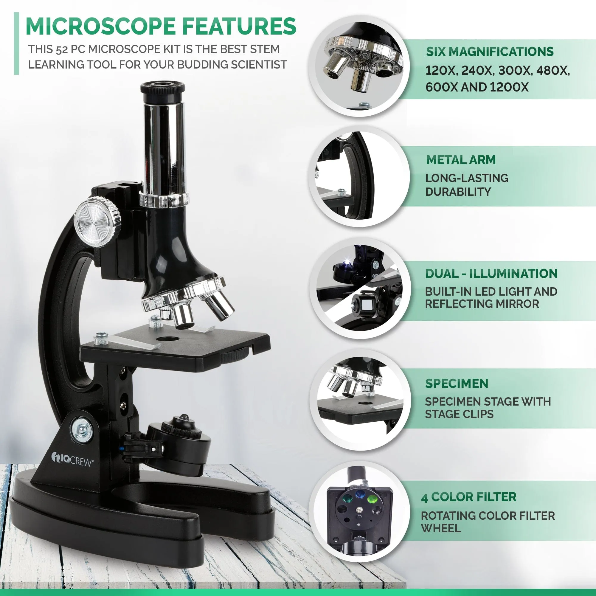 IQCrew By AMSCOPE Kids Children Biological Compound Microscope Kit 120X-240X-300X-480X-600X-1200X Magnification With Metal Arm Kids
